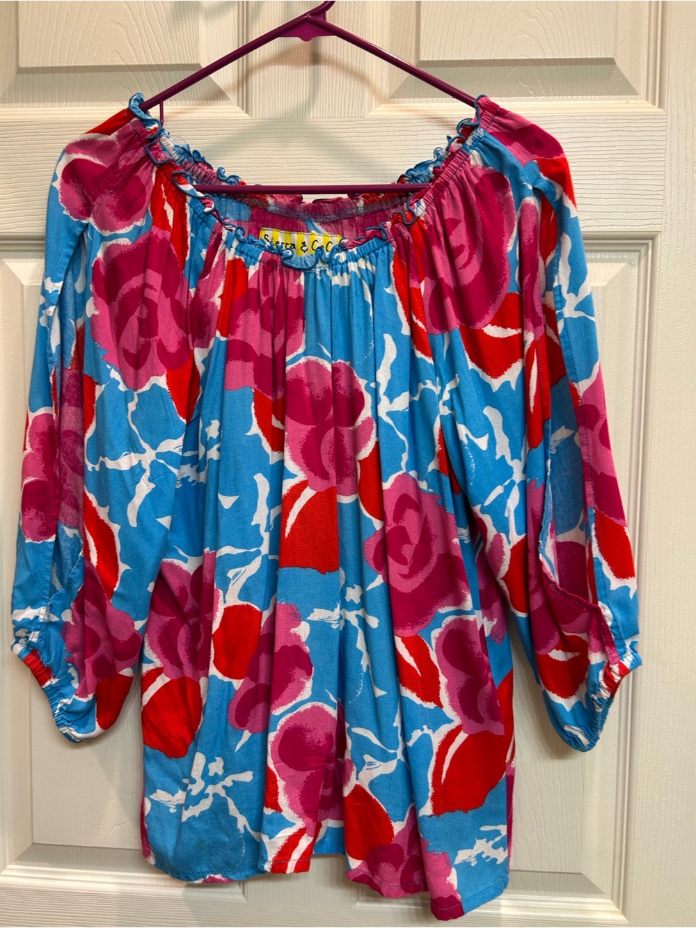 Women's Off-Shoulder Flowy Summer Top in Blue, Pink & Red